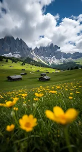Alpine Meadow Valley with Wooden Huts and Dolomite Peaks
