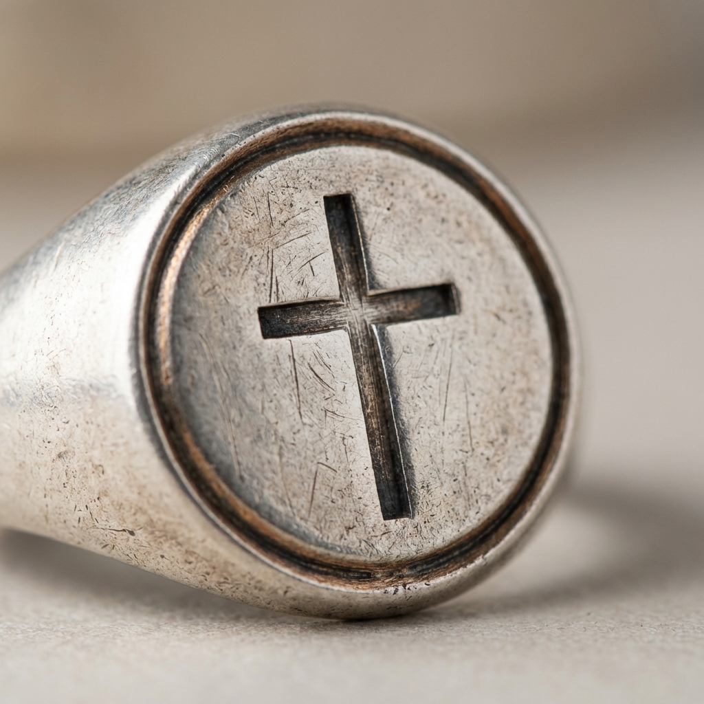 Macro full frame photo of a medieval crusader ring bezel in silver showing incised cross lines and aged patina on warm neutral background