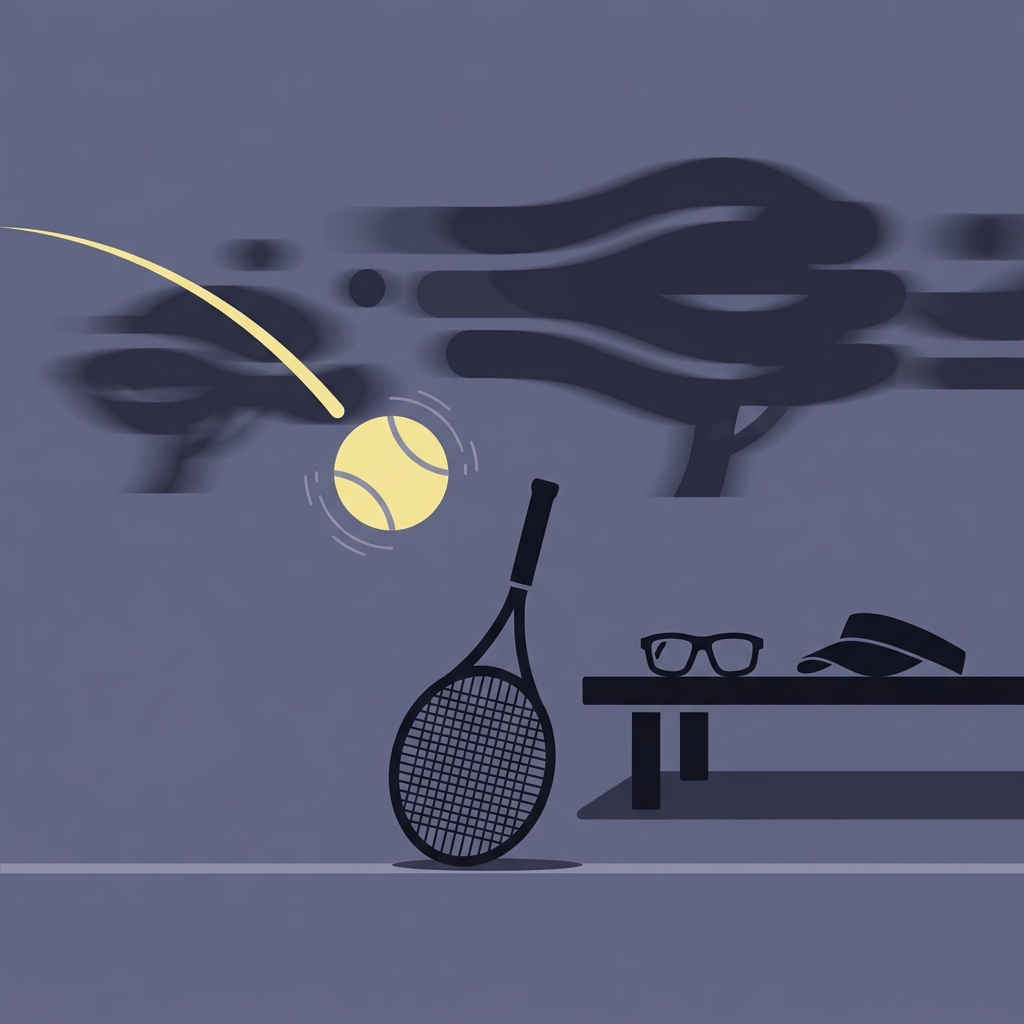 Minimalist vector tennis scene with racket and ball mid serve sunglasses and visor on bench windblown trees blurred in background illustrating How Weather Affects Outdoor Tennis