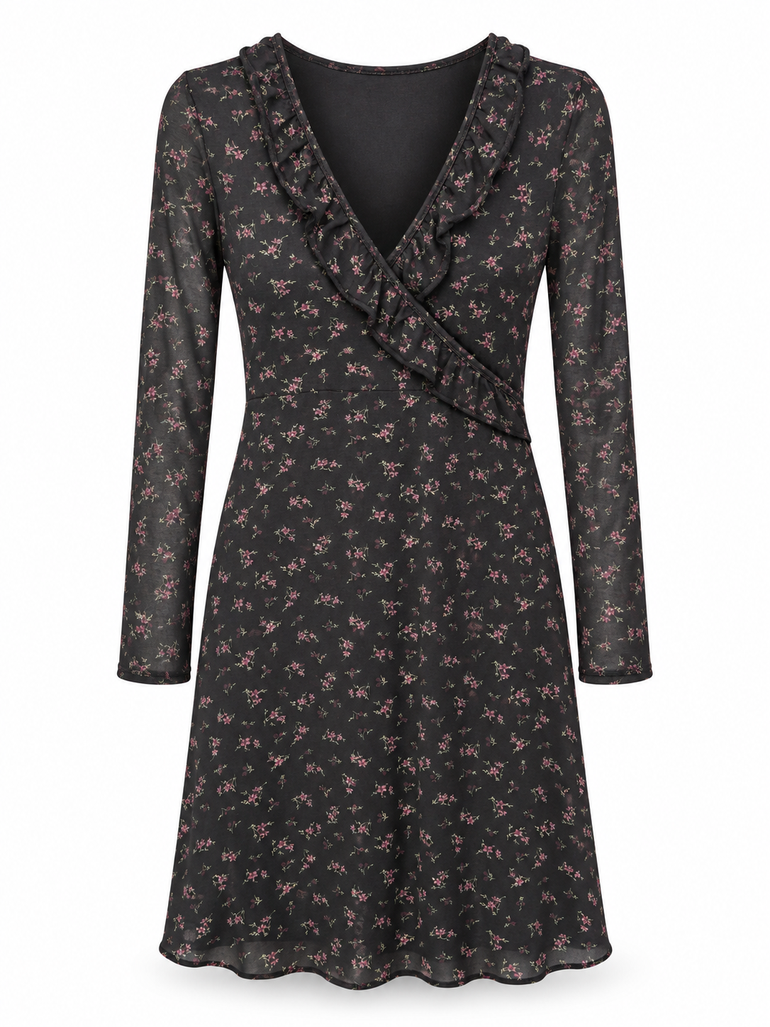 Dama - Rochie Calliope neagră cu imprimeu floral și volan - S