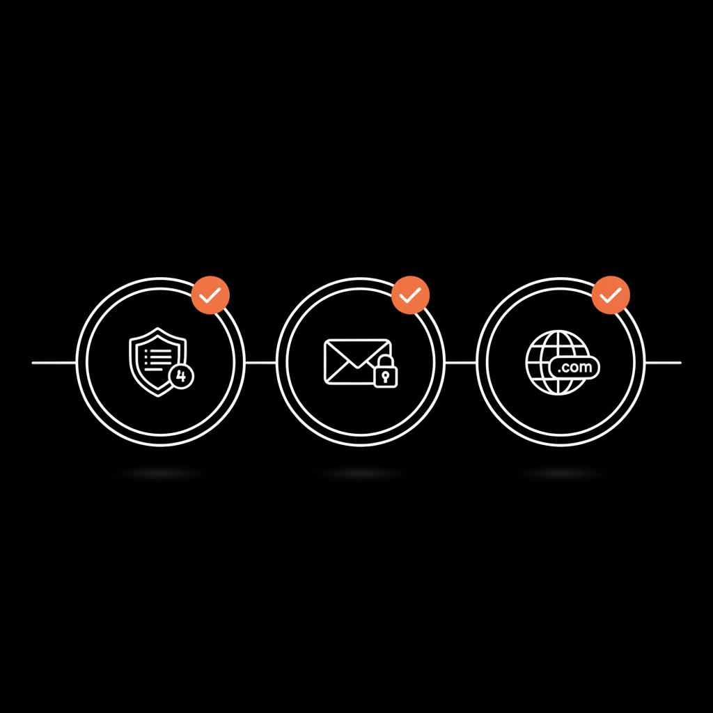 Minimal 2D vector infographic of three security icons (two-factor, locked email, domain) with small orange checkmarks on a black background, illustrating Instagram username security.