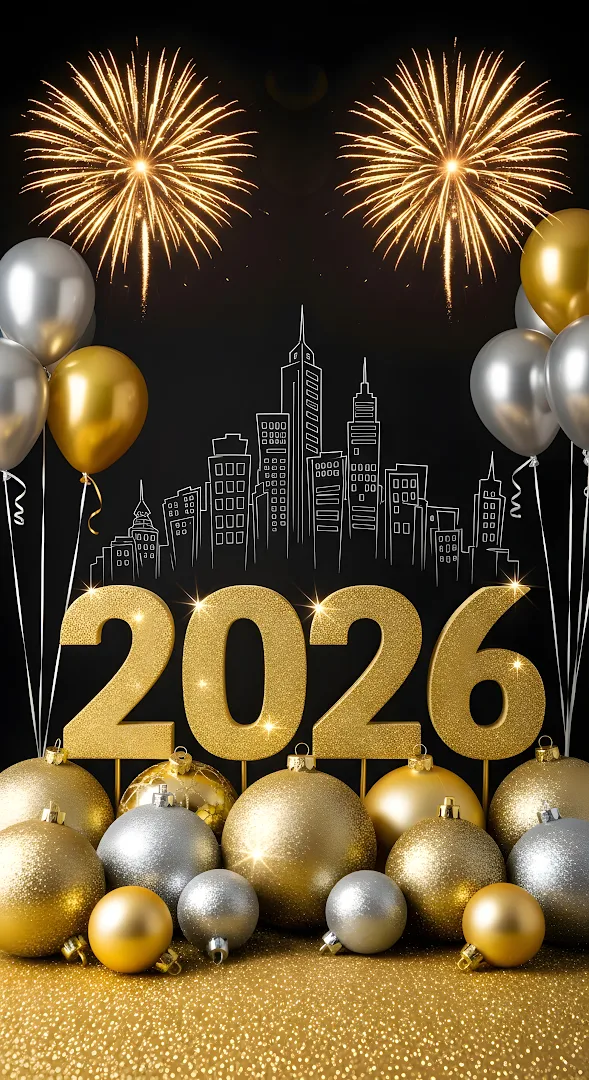 Luxurious Gold Silver 2026 Celebration with Ornaments and Fireworks