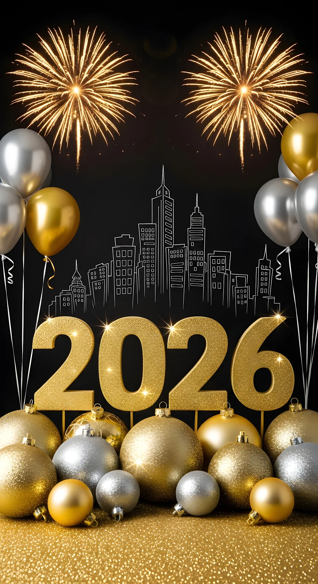 Luxurious Gold Silver 2026 Celebration with Ornaments and Fireworks - Free 4K mobile Wallpaper