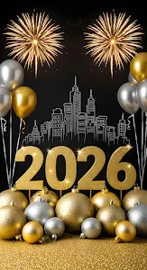 Luxurious Gold Silver 2026 Celebration with Ornaments and Fireworks