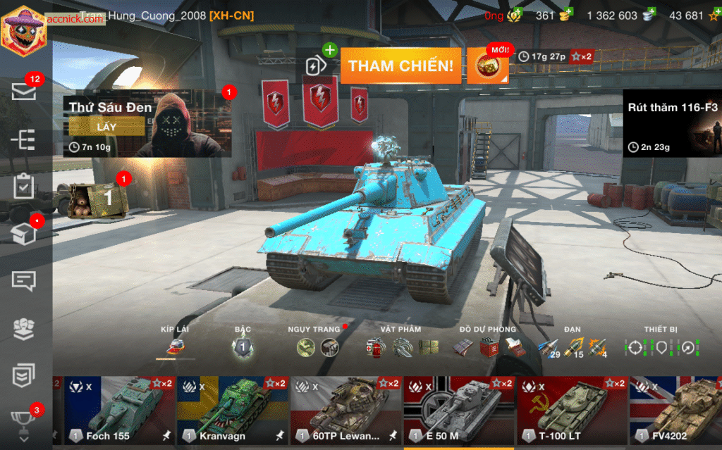 Bán acc wot blitz khủng 22 xe có sẵn, 8 tank cấp 10 như: FV...