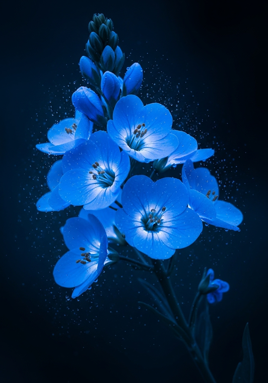 Ethereal Blue Glowing Flowers Dark Botanical Art
