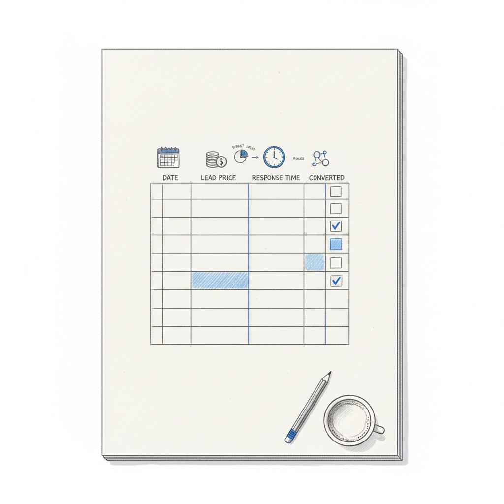 Full-frame notebook-style sketch of a neat spreadsheet with icons for date, lead price, response time, and converted, plus a pencil and coffee cup &mdash; Thumbtack cost per lead
