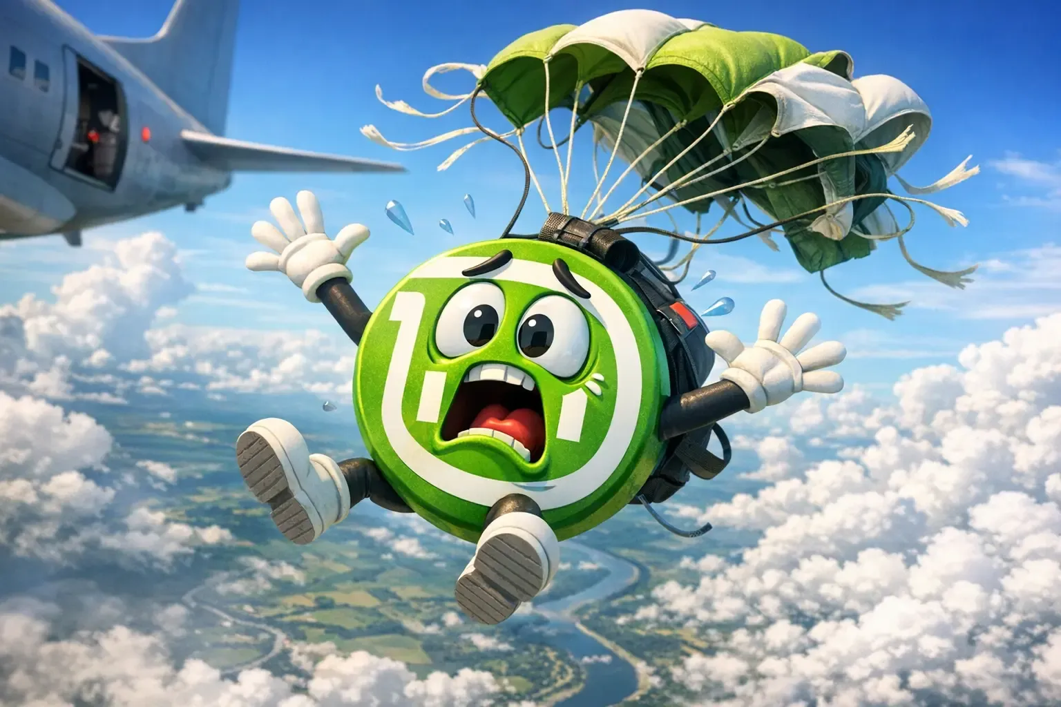Linux Mint está asustado porque saltó de un avión y no se le abre el paracaídas.