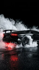 Matte Black Sports Car with Red Taillights in Smoke