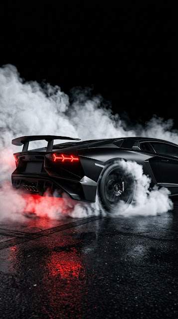 Matte Black Sports Car with Red Taillights in Smoke - Free mobile Wallpaper