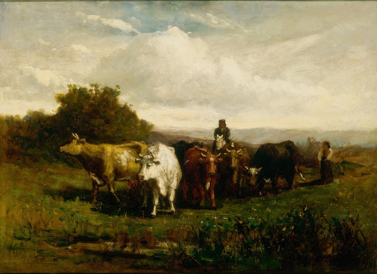 Untitled man on horseback woman on foot driving cattle 1880