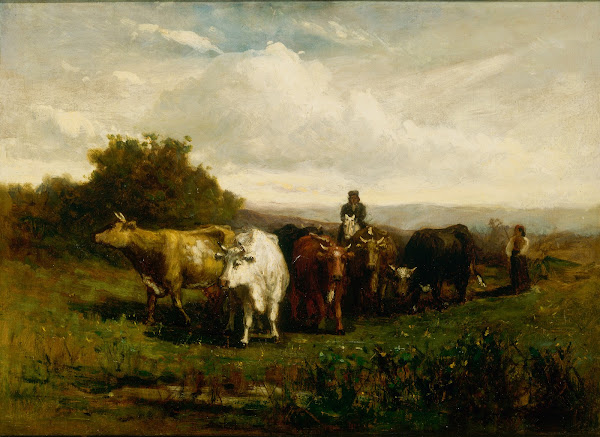 Untitled man on horseback woman on foot driving cattle 1880