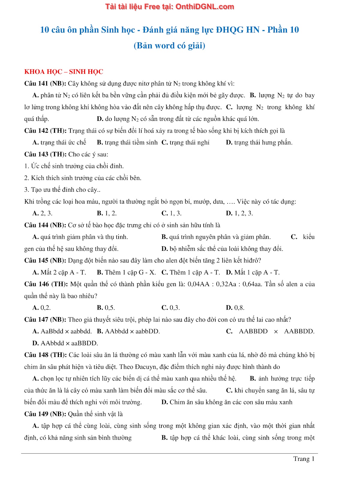 150 bài tập môn Sinh học - Ôn thi ĐGNL ĐHQG HN Phần 10