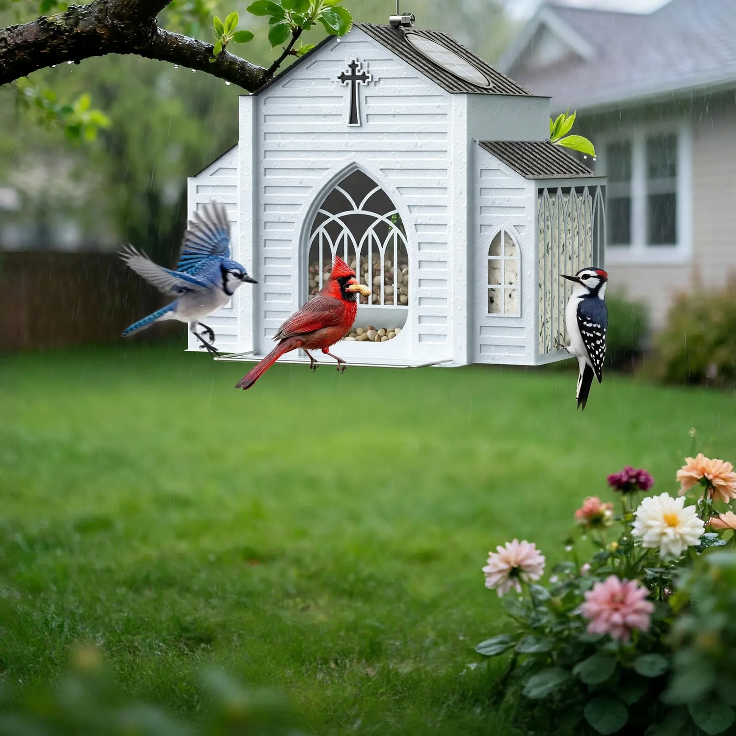 Church-shaped metal birdhouse, solar option