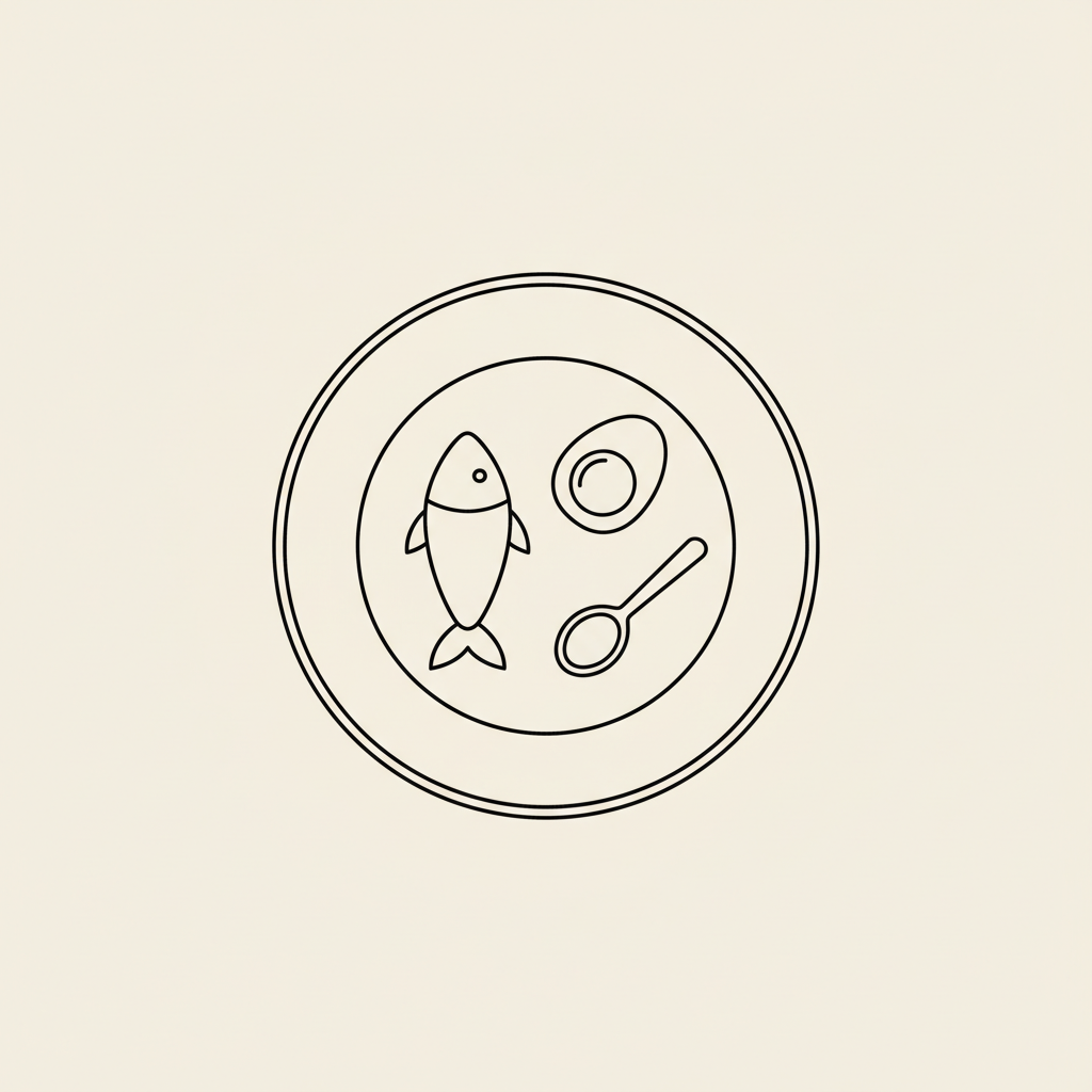 Minimalist vector plate illustration with a fish, halved egg and spoonful of yogurt on beige background in Tonum line-art style — 30g protein snack