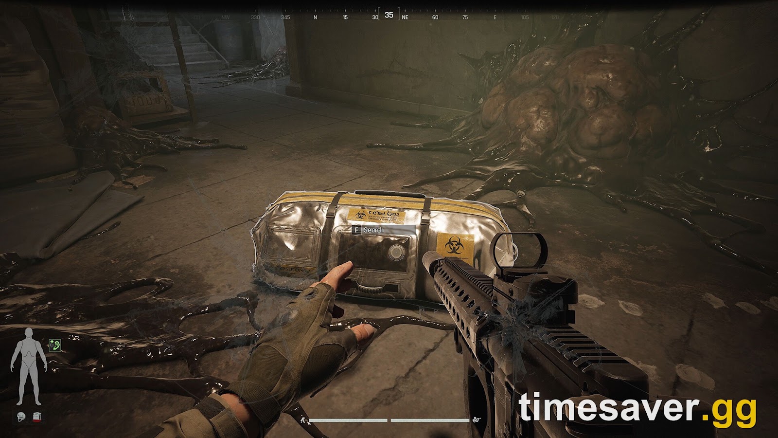 First-person in-raid view of an Arena Breakout: Infinite assault rifle with a red-dot optic while looting a secure container — the raid you queue into, and the ammo you bring, decide which gun is actually "best"