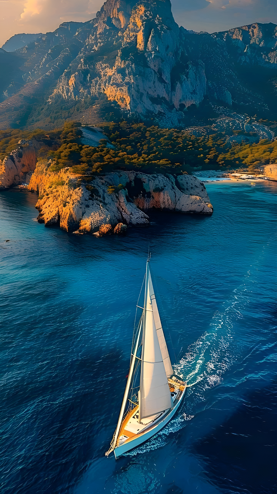 Sailboat Navigating Turquoise Ocean Near Majestic Coastal Cliffs - Free 4K mobile Wallpaper