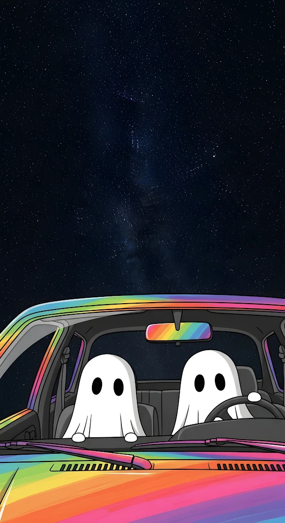 Whimsical Ghosts Driving Rainbow Car Under Starry Night