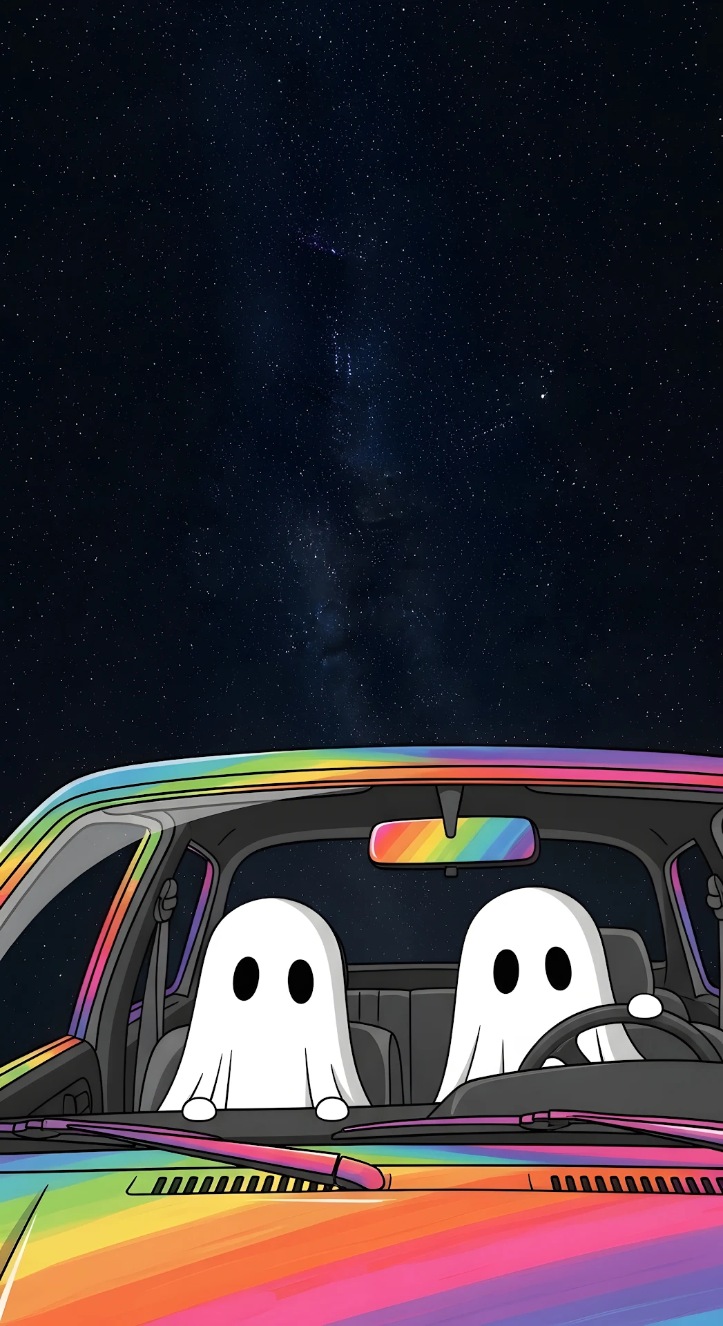 Whimsical Ghosts Driving Rainbow Car Under Starry Night - Free 4K mobile Wallpaper