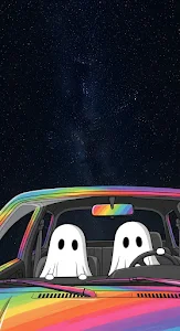 Whimsical Ghosts Driving Rainbow Car Under Starry Night