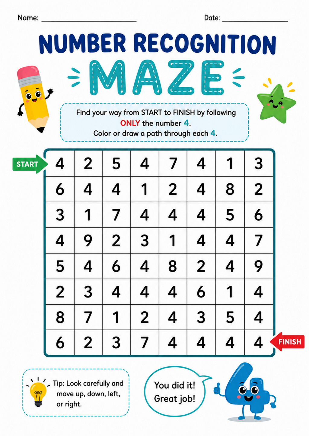 Number Recognition Maze Worksheet