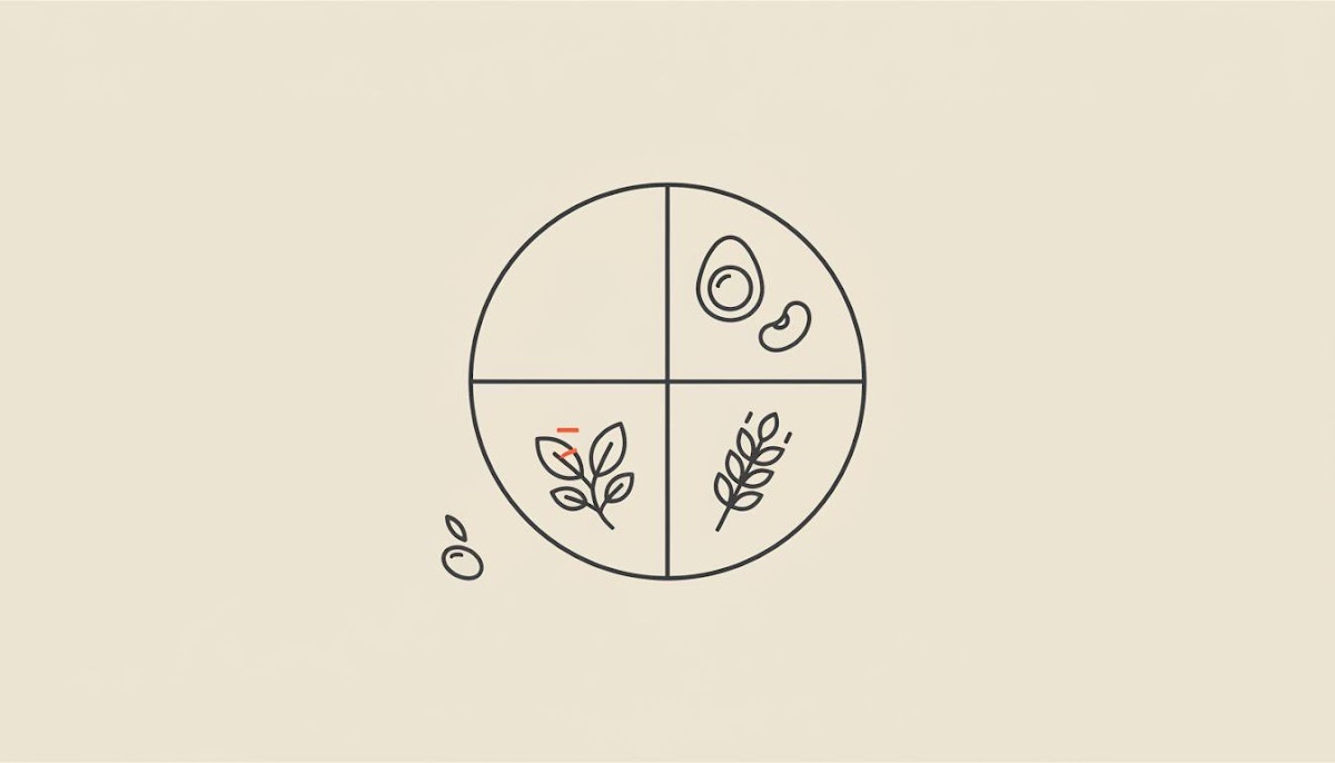 Minimal line illustration of a divided plate with icons for protein, vegetables and whole grains, plus an egg, bean and olive - visual for foods to boost metabolism after 40.