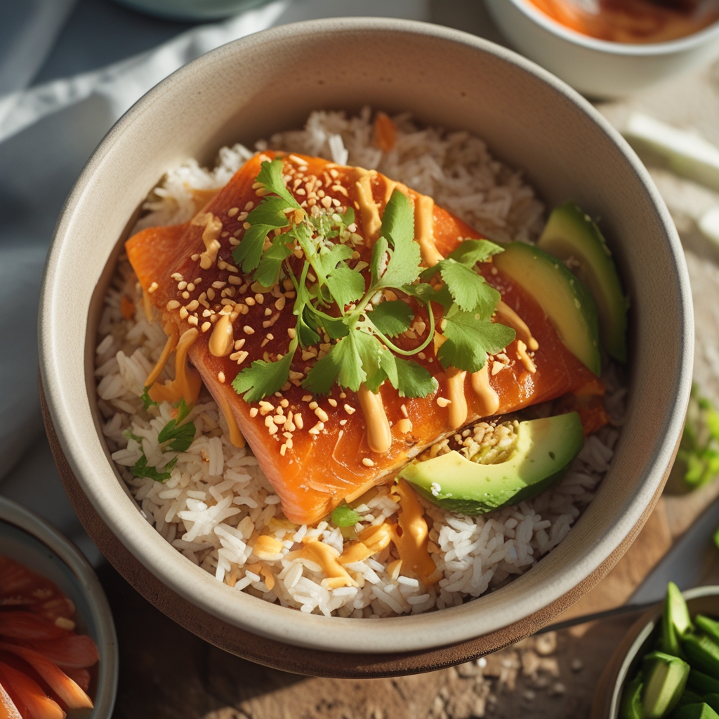 Crispy Peanut-Miso Salmon Rice Bowls with Quick Pickled Cucumber
