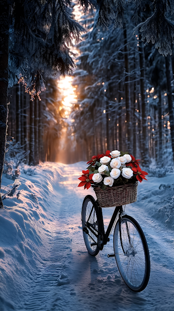 Bicycle with Flower Basket in Snowy Forest Path - Free mobile Wallpaper