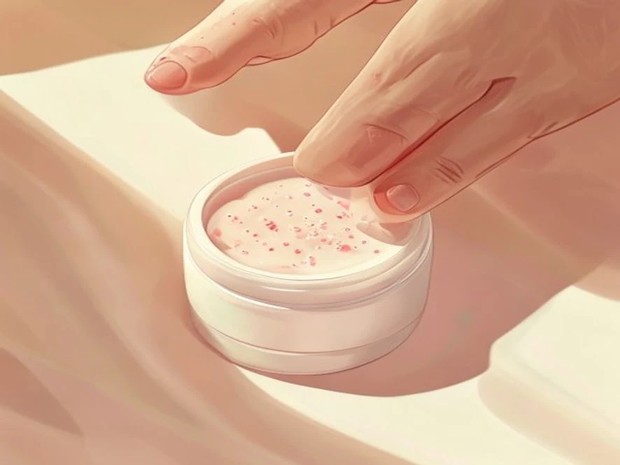 붉어진 피부에 순한 연고나 보습제를 바르는 손의 모습, 땀띠 치료 과정을 상징