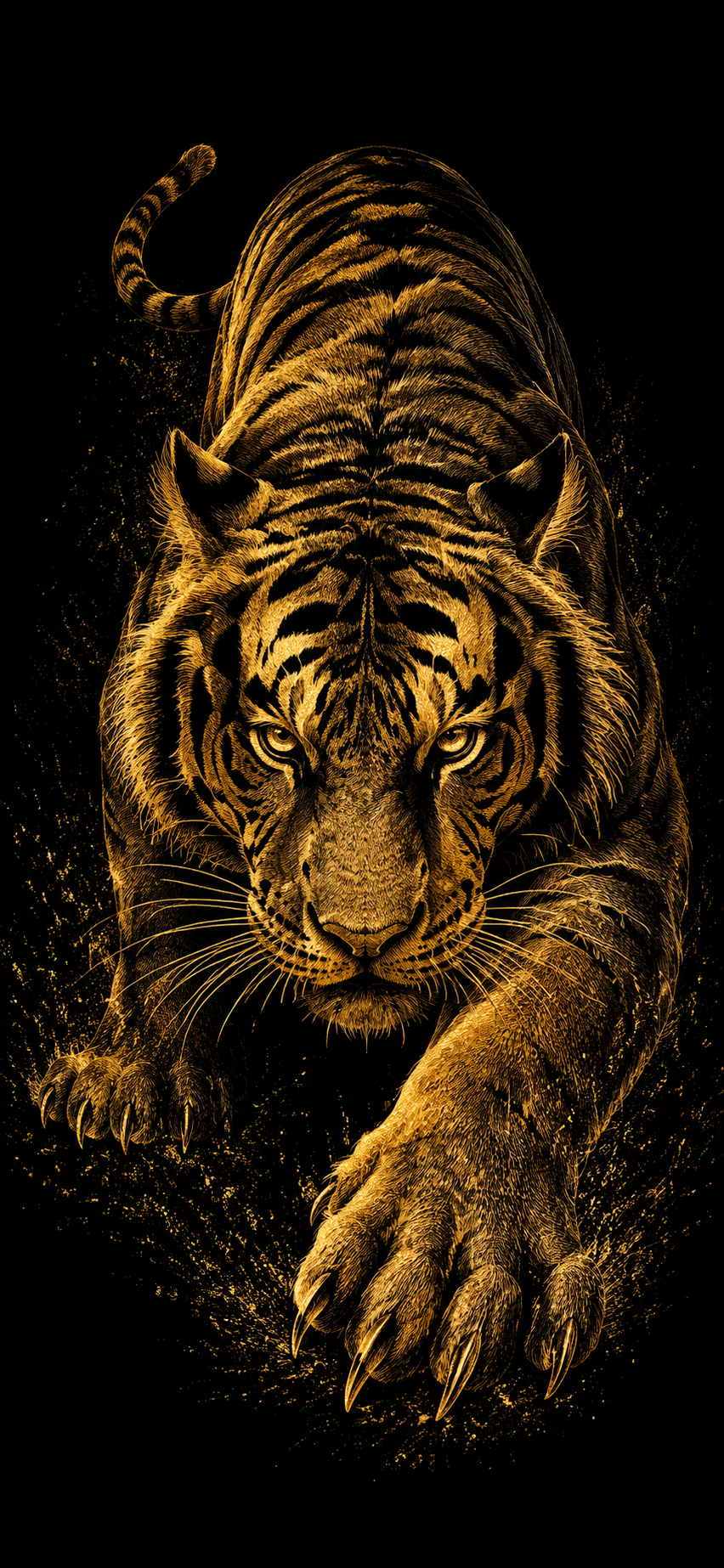 Intricate Gold Foil Scratch Art Tiger on Black Background - Free 8K and 4K mobile Wallpaper Background