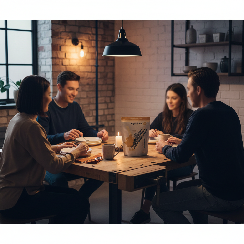 Warme, abendliche Familienszene am Holztisch mit industriellem Charme, Händen, kleinem Produkt (Referenzfotos) auf dem Tisch, gratis babyboxen
