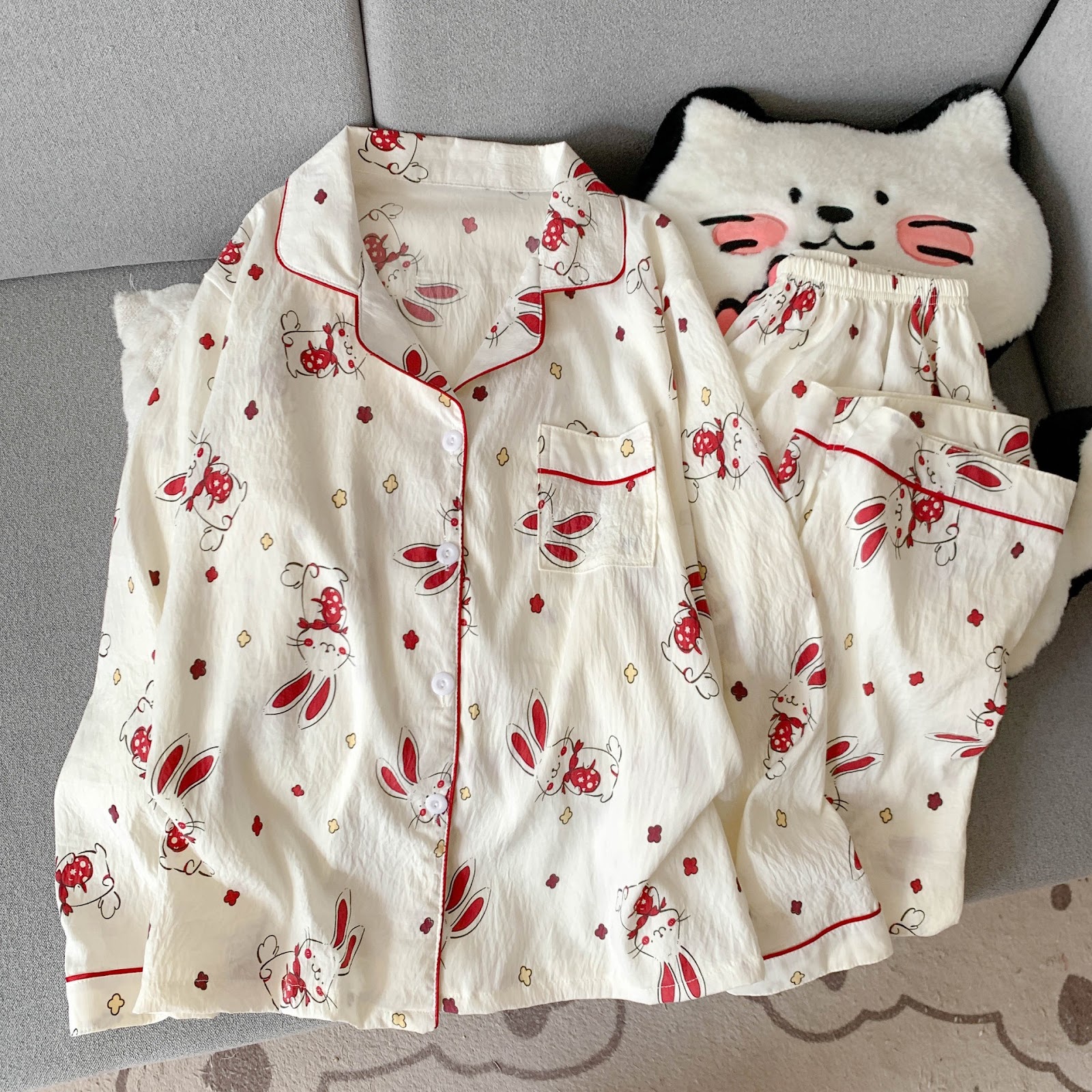 Women's Pajama Set, long-sleeved, with button placket, cartoon style