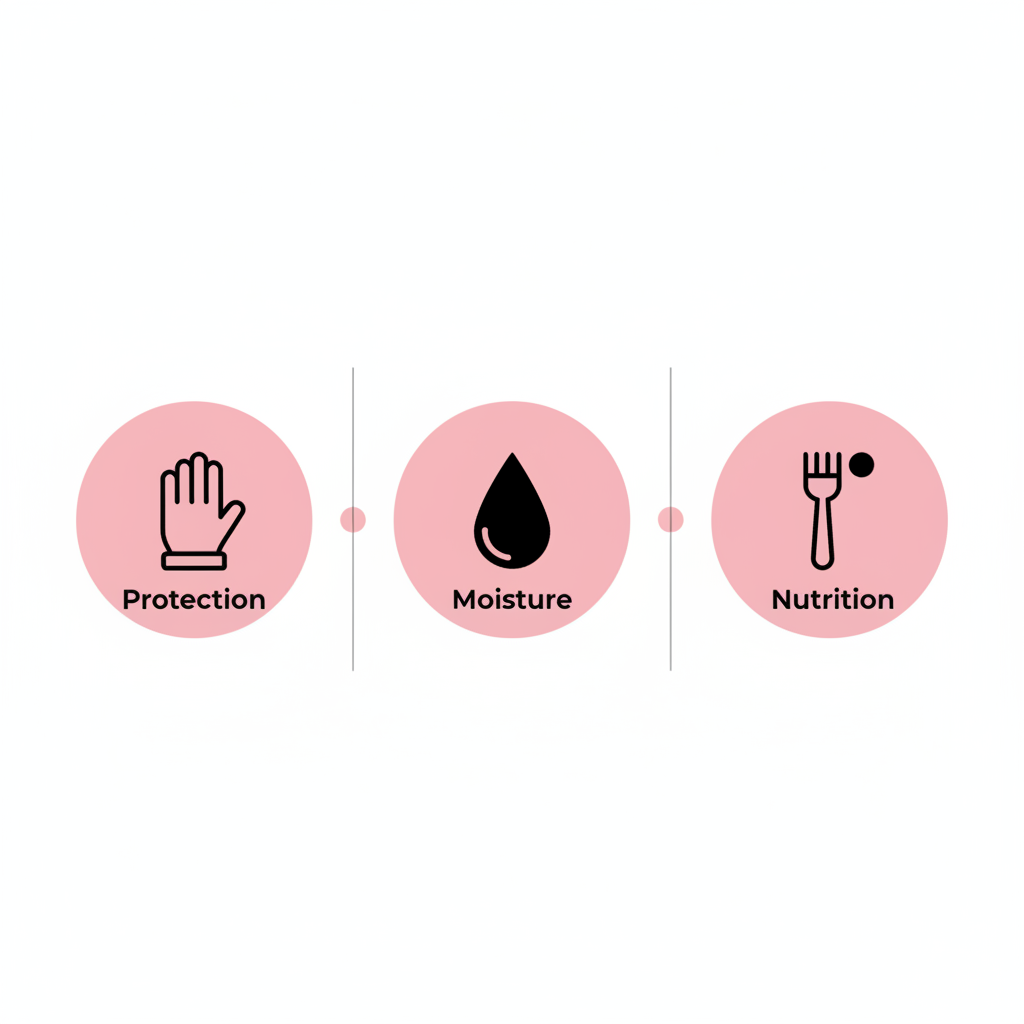 Minimalistische Vektor-Infografik mit drei Icons (Handschuh, Öltropfen, Gabel mit Protein) zur Illustration, wie man brüchige Nägel behandeln kann