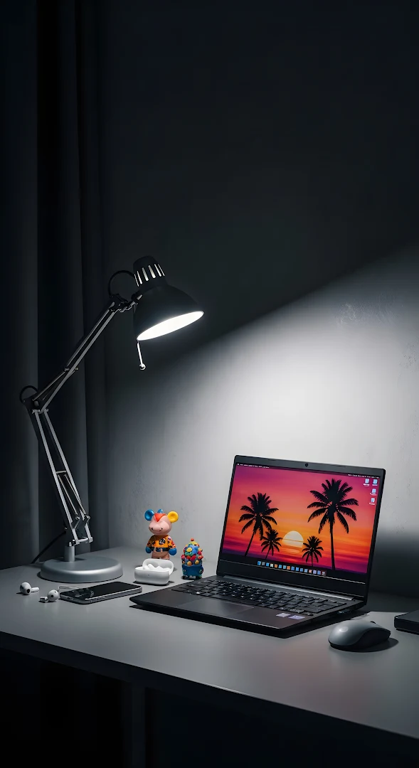 Moody Desk Setup Laptop Screen Palm Trees Bright Task Lamp