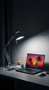 Moody Desk Setup Laptop Screen Palm Trees Bright Task Lamp