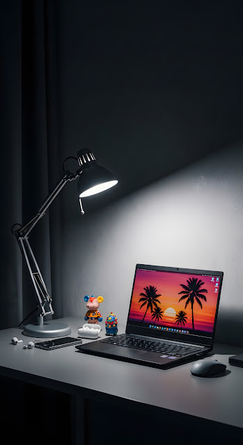 Moody Desk Setup Laptop Screen Palm Trees Bright Task Lamp - Free mobile Wallpaper
