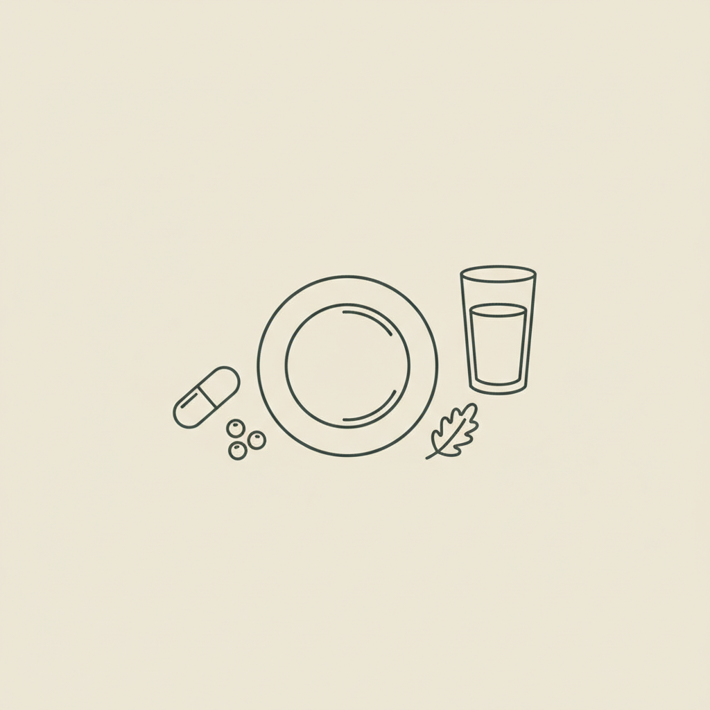 Minimal Tonum-style line illustration of a plate, water glass, capsule with berries and a milk thistle leaf on a beige background — functional nutritionist vs nutritionist