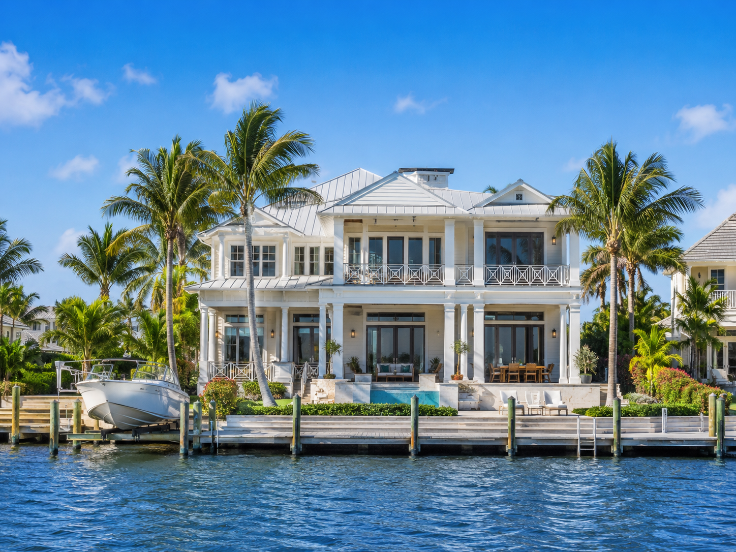 Florida waterfront home with palm trees and water view