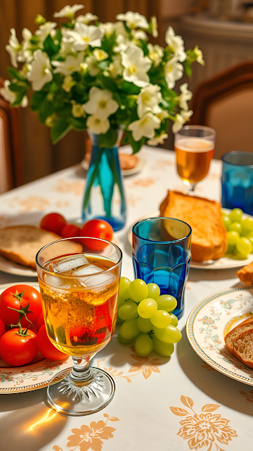 Elegant brunch table setting with white flowers and iced drink - Free mobile Wallpaper