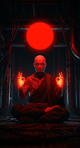 Dark Cybernetic Monk Meditating with Red Neon Glow in Industrial Setting