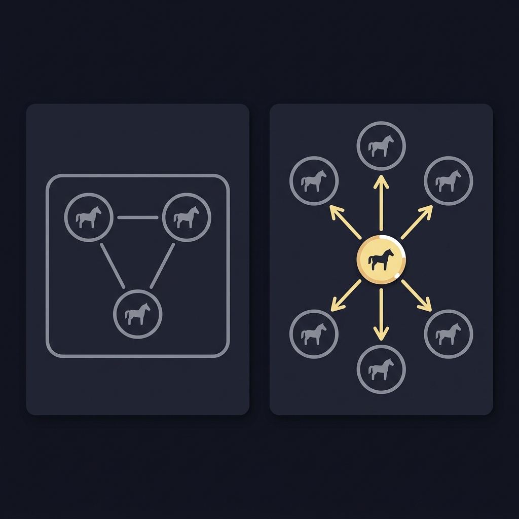 Minimal vector diagram showing boxed and wheeled bet combinations for horse racing with small horse icons circular tokens and directional arrows types of bets horse racing