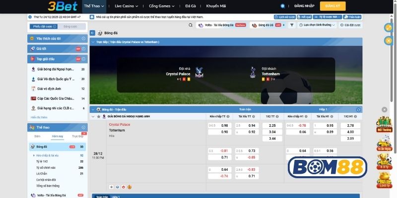 Bảng tỷ lệ kèo trận Crystal Palace vs Tottenham ngày 28/12/2025
