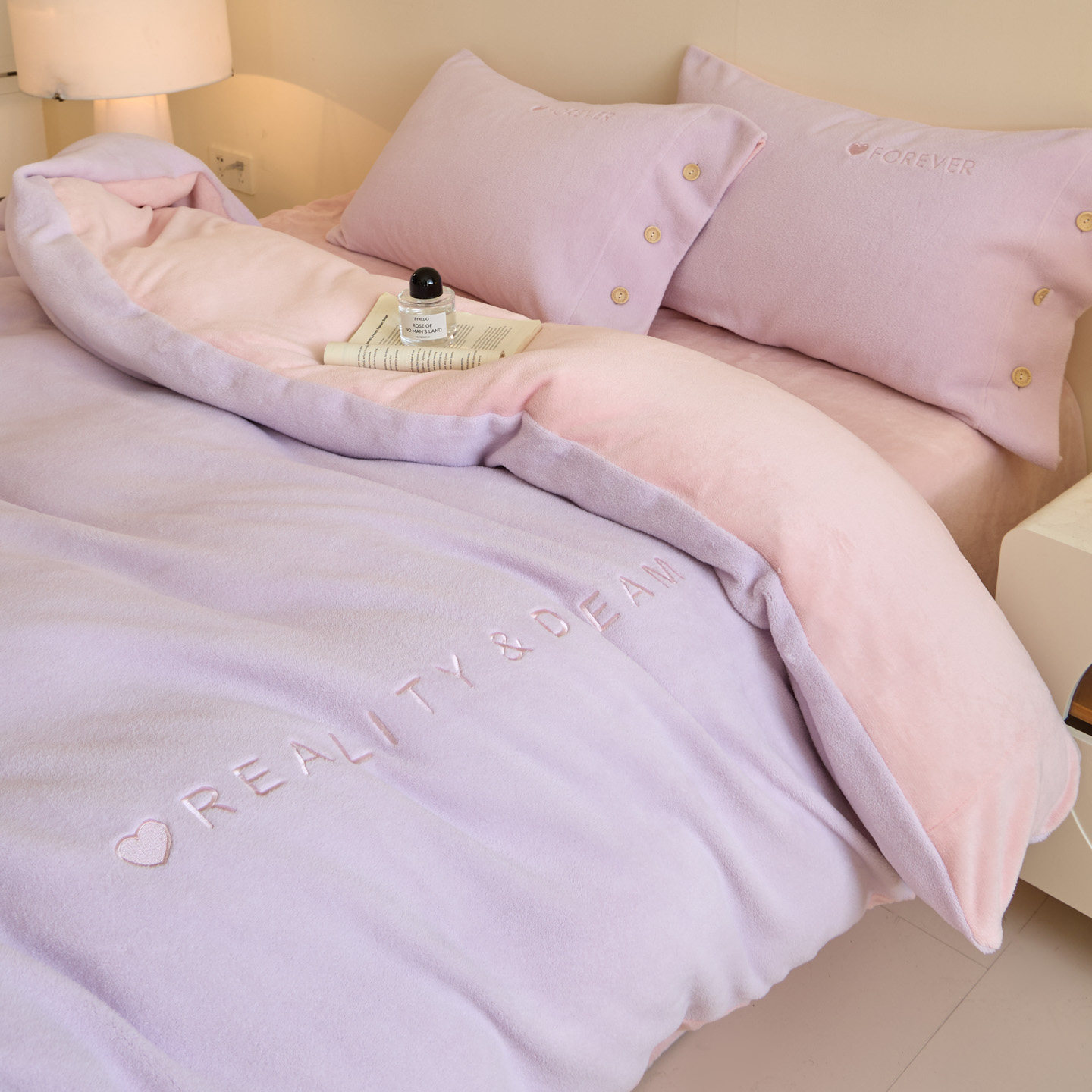 Polyester Fleece Bedding Set, Embroidered, Warm, for Winter