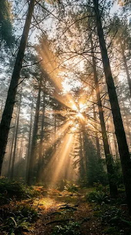 Golden Light Through Pine Forest