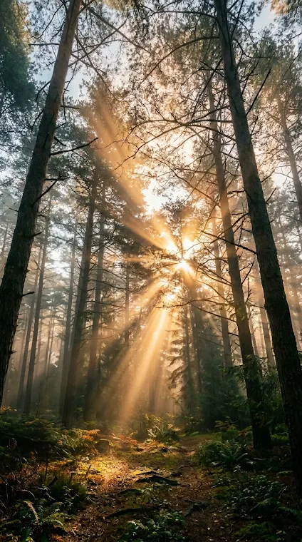 Golden Light Through Pine Forest