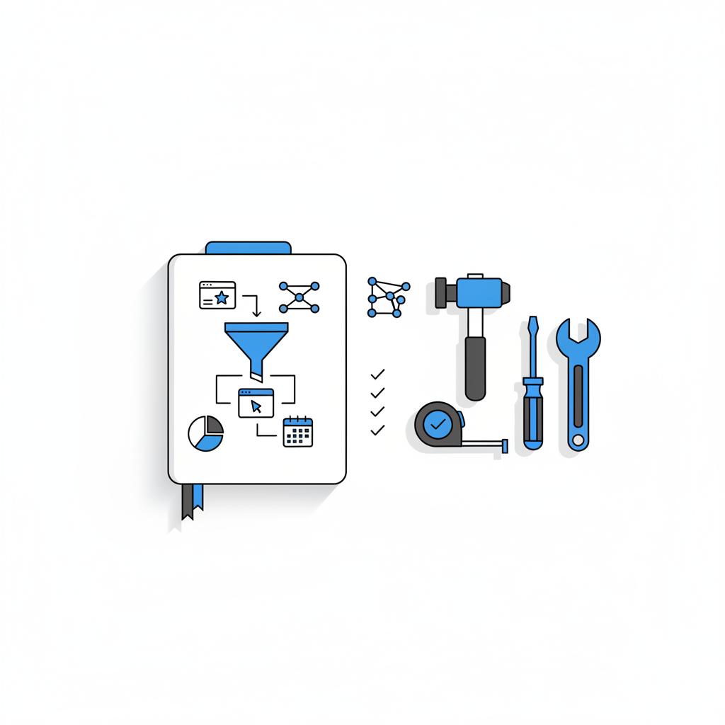 Vector overhead of tidy workbench with tools and open sketchbook showing a funnel of icons (ad, landing, calendar). can you advertise handyman services on facebook