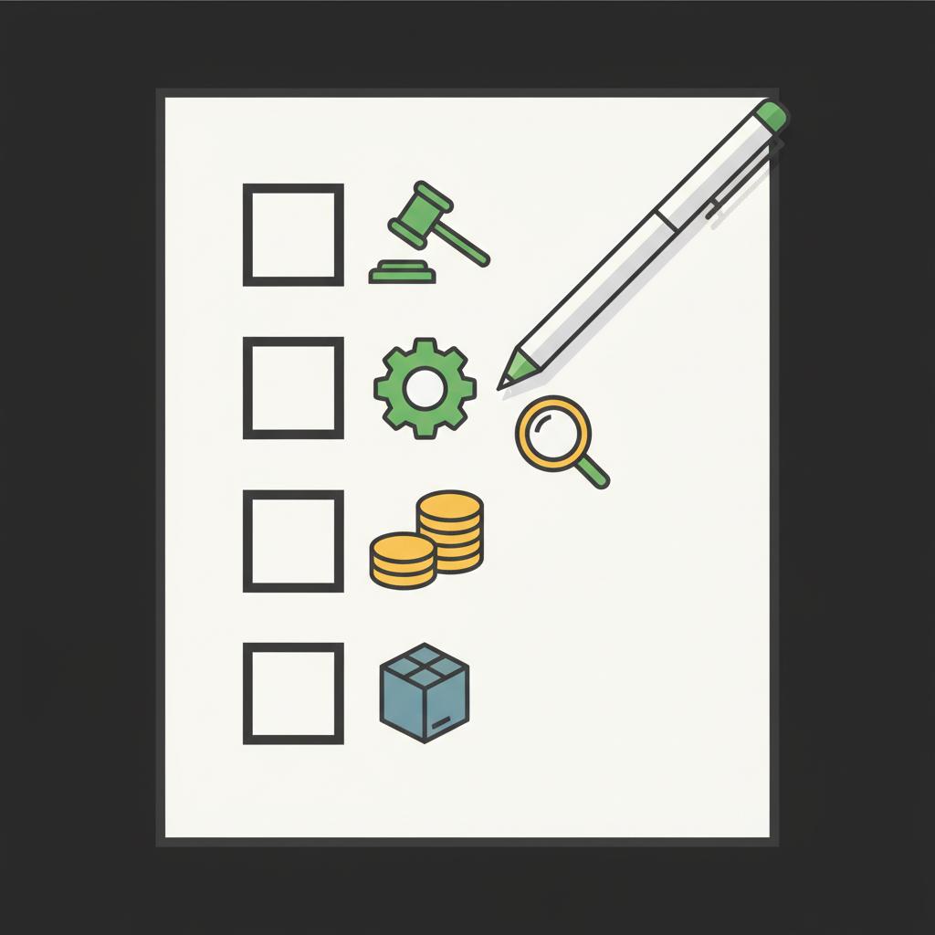 Minimalist 2D vector close up of a checklist with icons for legal operations funding vendors and a pen indicating prime broker checks illustrating how to start a hedge fund