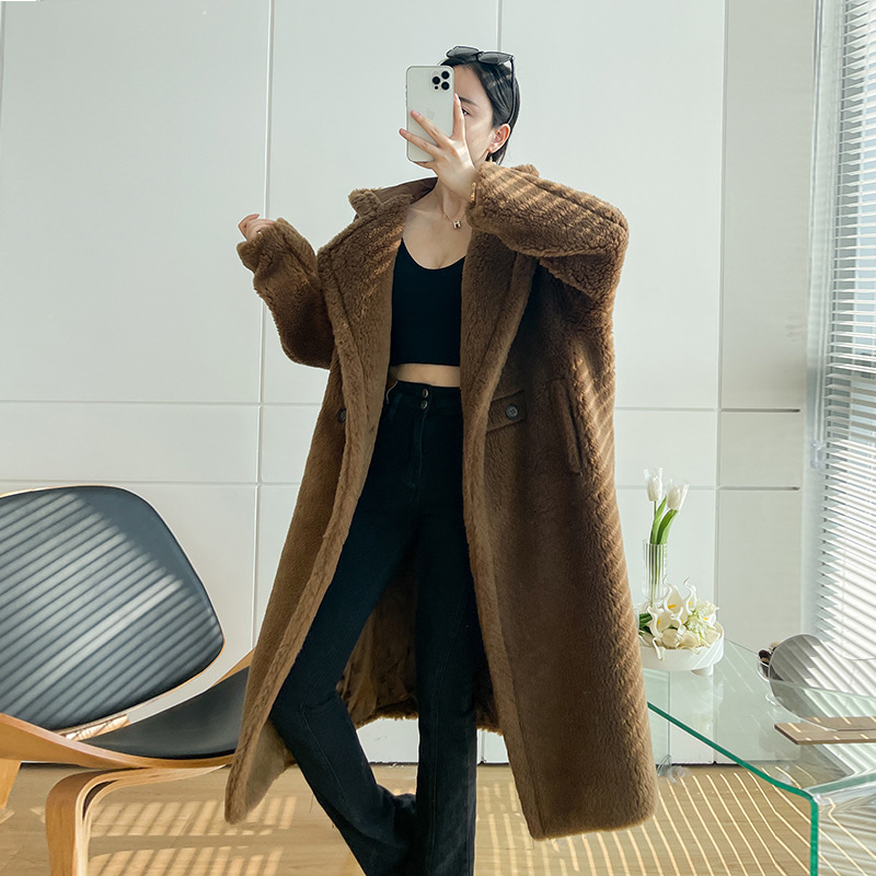 Teddy coat with hood, mid-length, women