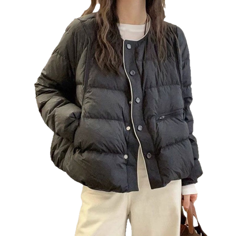 Women's down jacket with round neckline and button placket