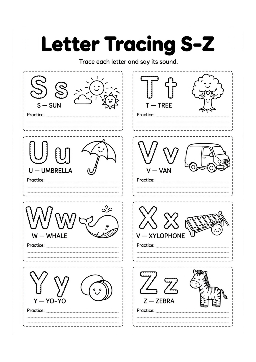 Letter Tracing S-Z Worksheet